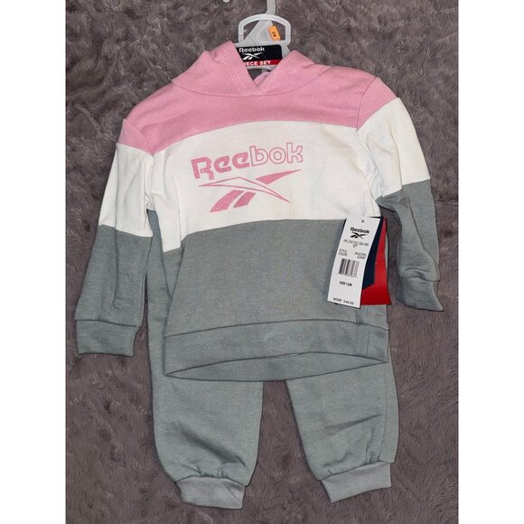 Reebok Infant Logo Tracksuit Set Pink/White/Gray - Sweatshirt & Jogger Pants - Picture 1 of 2